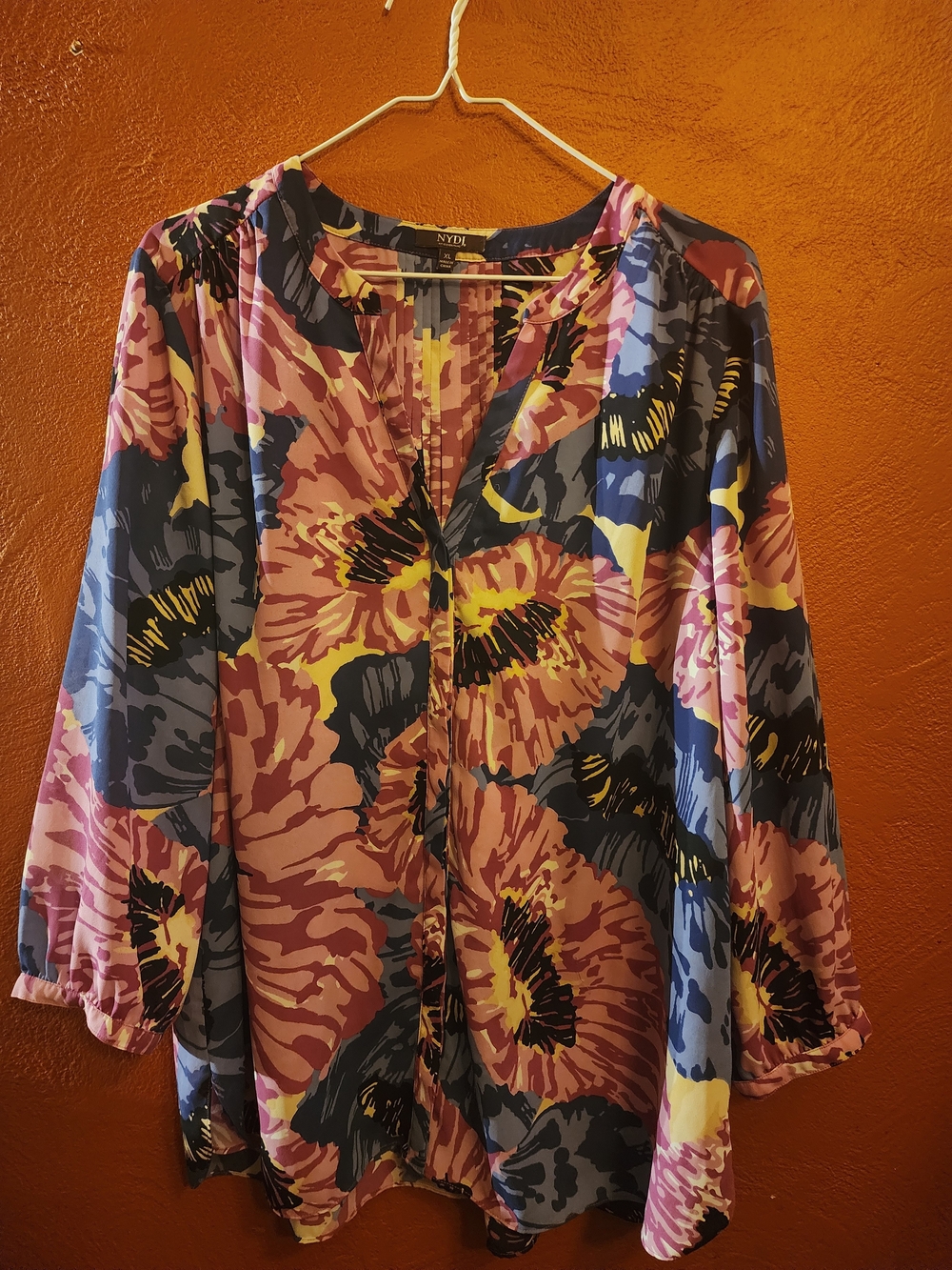 NYDJ Pleated Floral Button-Front Blouse — Purple, Pink & Yellow